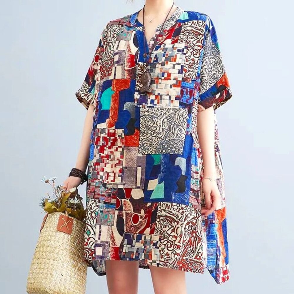 New Plus Size Cover Up Short Sleeve Abstract Print Dress